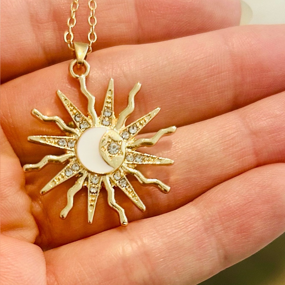 Gold Celestial Sun Moon Charm Pendant Choker Necklace Rhinestone Accents